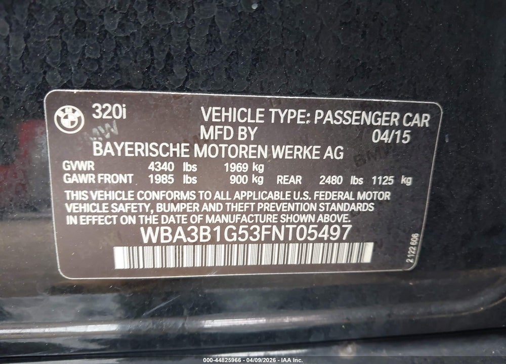 2015 BMW 320I VIN: WBA3B1G53FNT05497