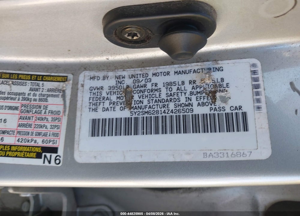 2004 PONTIAC VIBE VIN: 5Y2SM62814Z426509