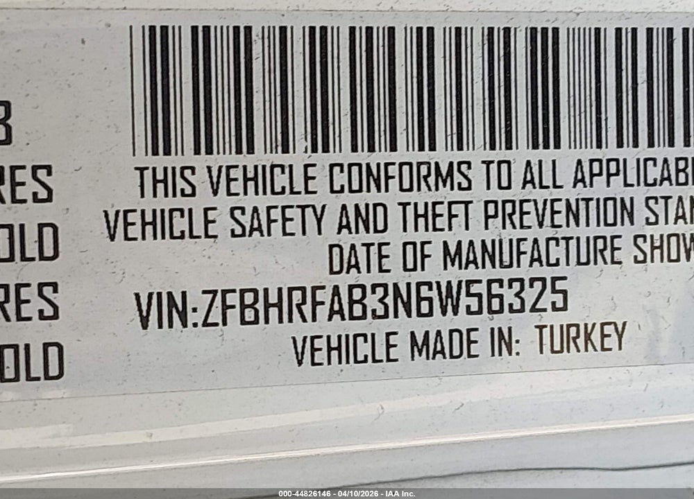 2022 RAM PROMASTER CITY CARGO VAN VIN: ZFBHRFAB3N6W56325