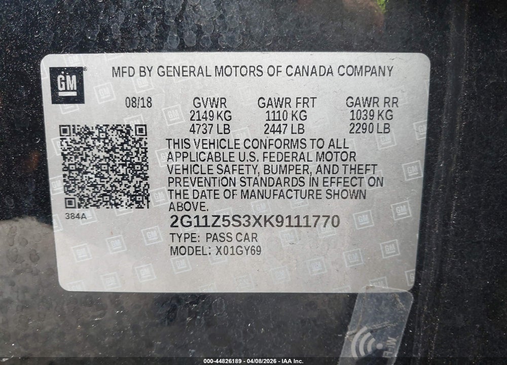 2019 CHEVROLET IMPALA LT VIN: 2G11Z5S3XK9111770