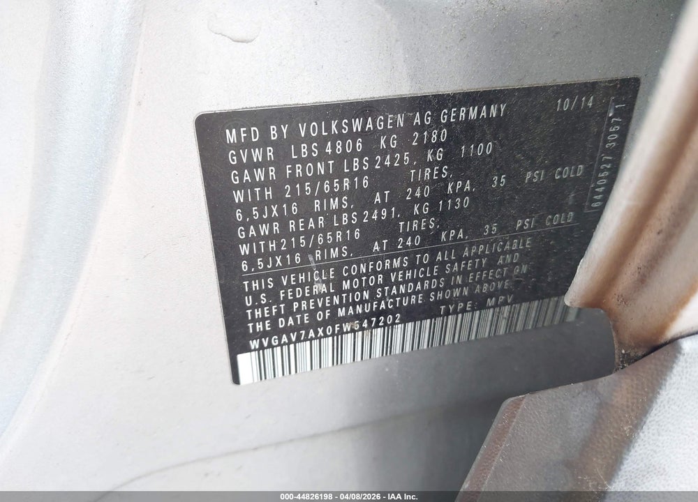2015 VOLKSWAGEN TIGUAN S VIN: WVGAV7AX0FW547202