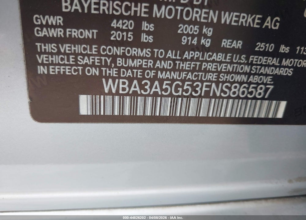 2015 BMW 328I VIN: WBA3A5G53FNS86587