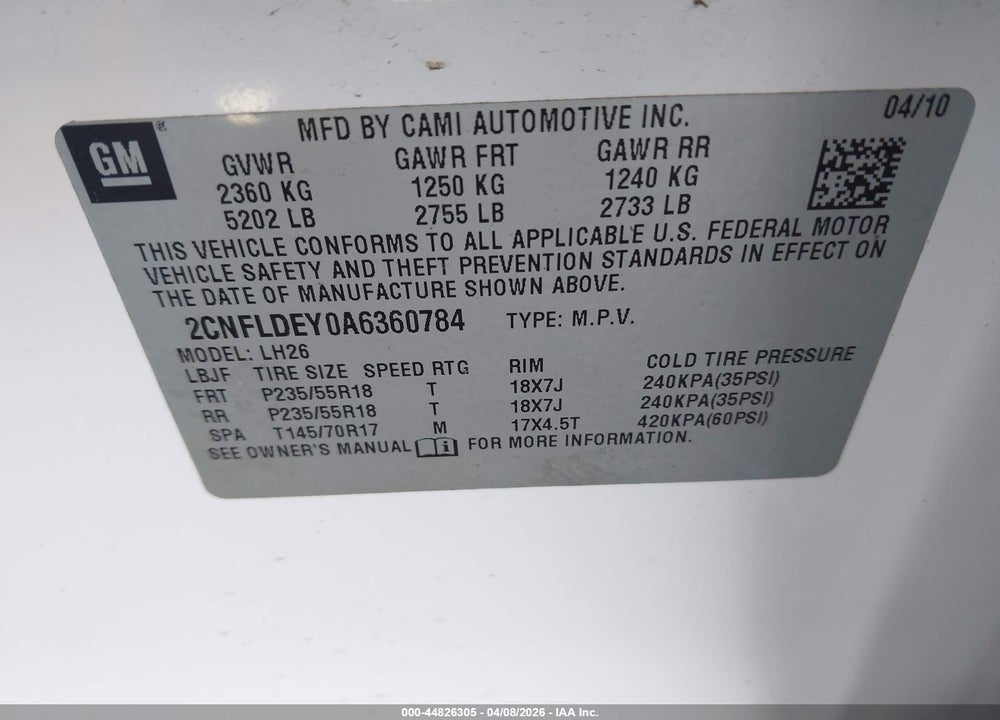 2010 CHEVROLET EQUINOX LT VIN: 2CNFLDEY0A6360784