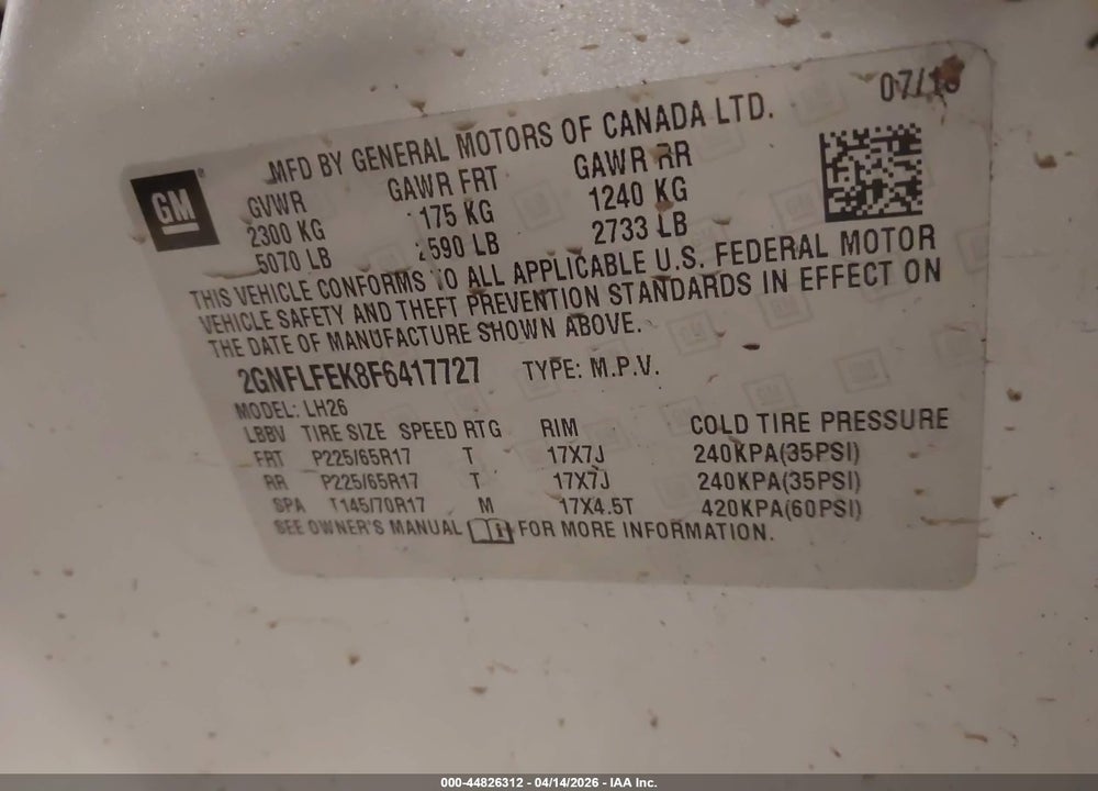 2015 CHEVROLET EQUINOX 1LT VIN: 2GNFLFEK8F6417727