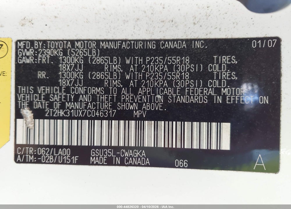 2007 LEXUS RX 350 VIN: 2T2HK31UX7C046317