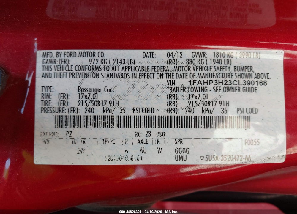 2012 FORD FOCUS SEL VIN: 1FAHP3H23CL390168