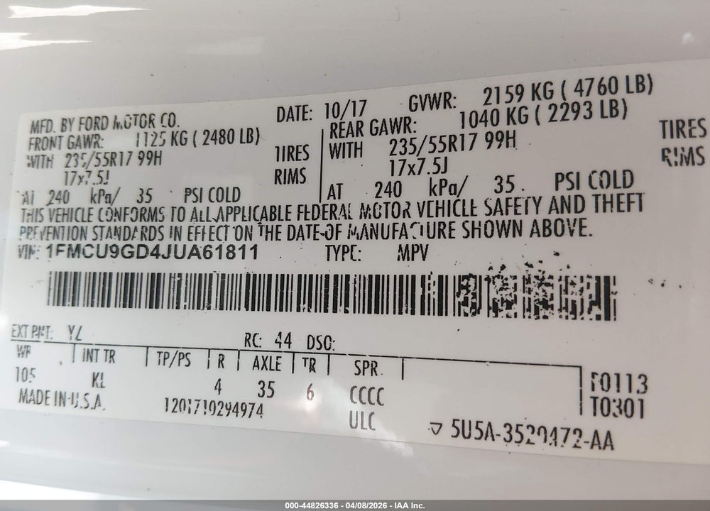 2018 FORD ESCAPE SE VIN: 1FMCU9GD4JUA61811