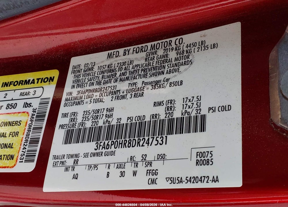 2013 FORD FUSION SE VIN: 3FA6P0HR8DR247531