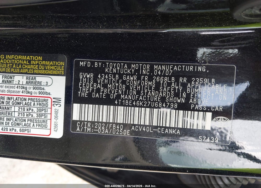 2007 TOYOTA CAMRY CE VIN: 4T1BE46K27U684798