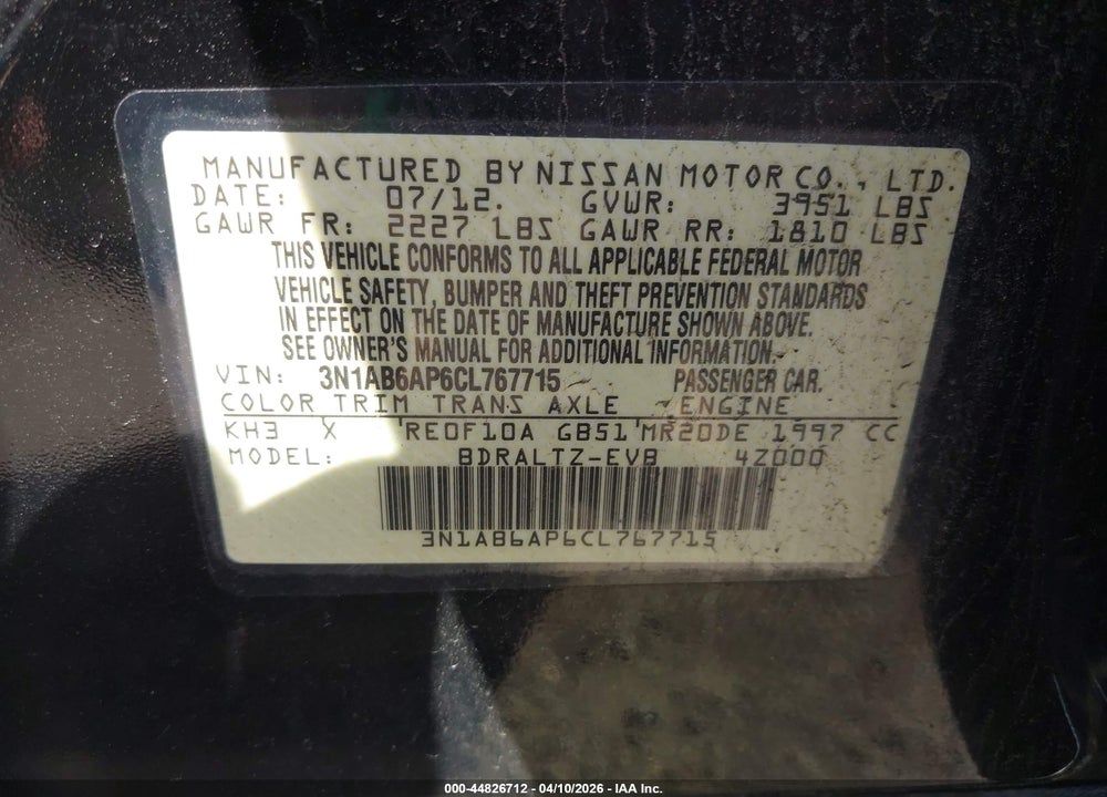 2012 NISSAN SENTRA 2.0 S VIN: 3N1AB6AP6CL767715