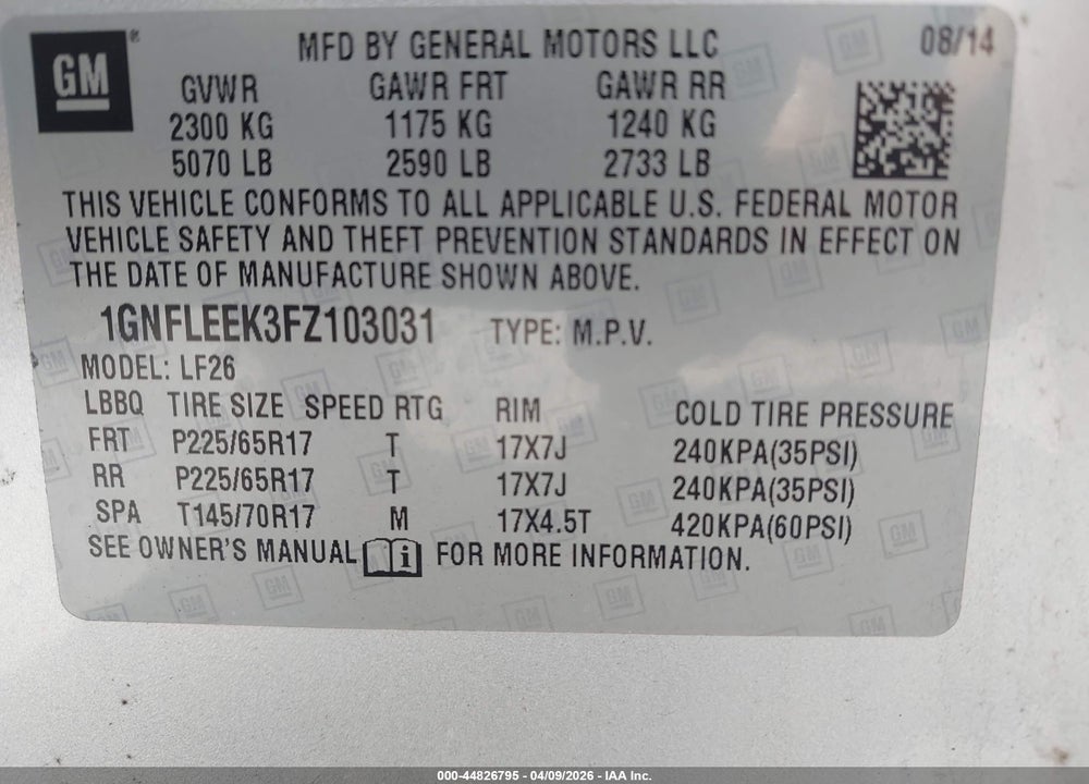 2015 CHEVROLET EQUINOX LS VIN: 1GNFLEEK3FZ103031