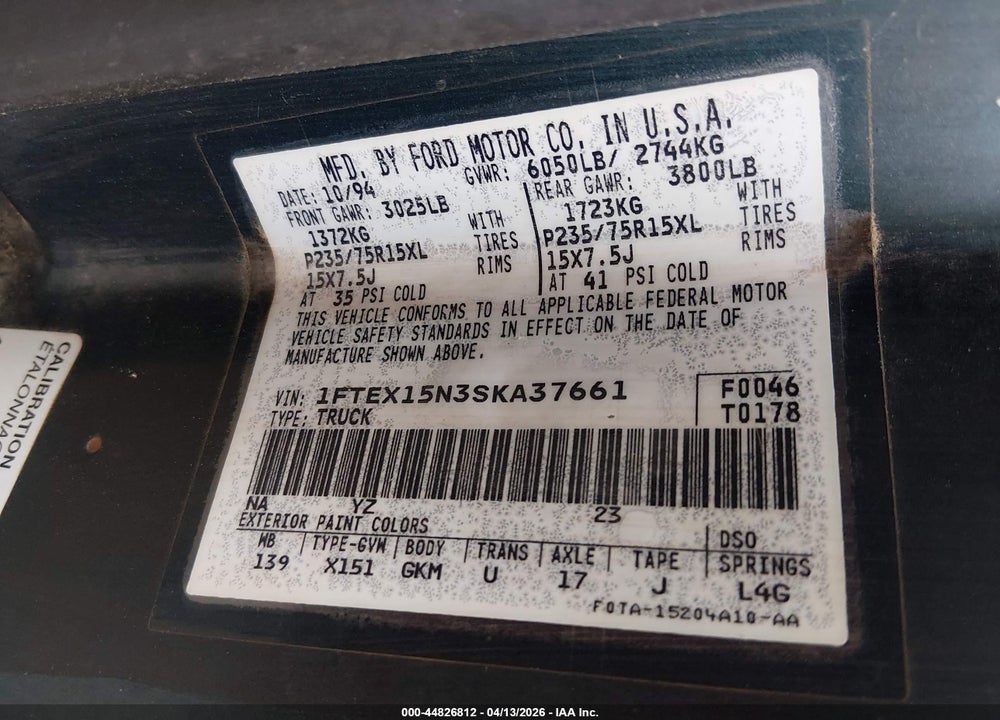 1995 FORD F150 VIN: 1FTEX15N3SKA37661