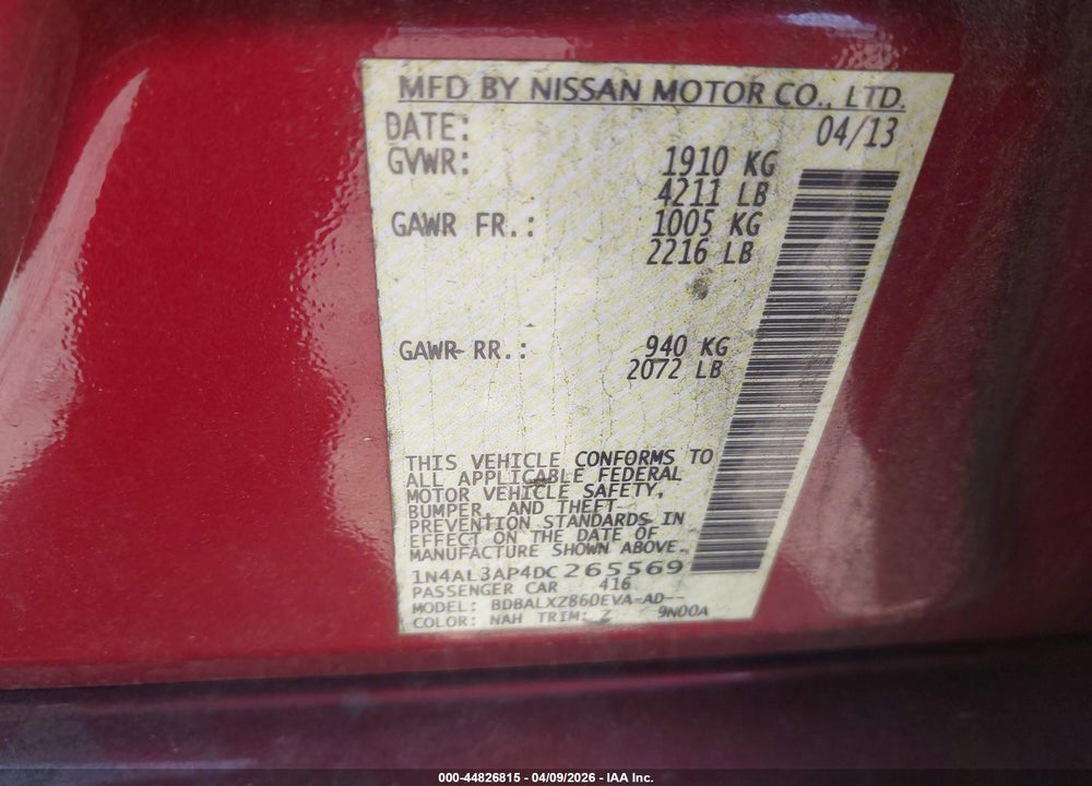 2013 NISSAN ALTIMA 2.5 SL VIN: 1N4AL3AP4DC265569