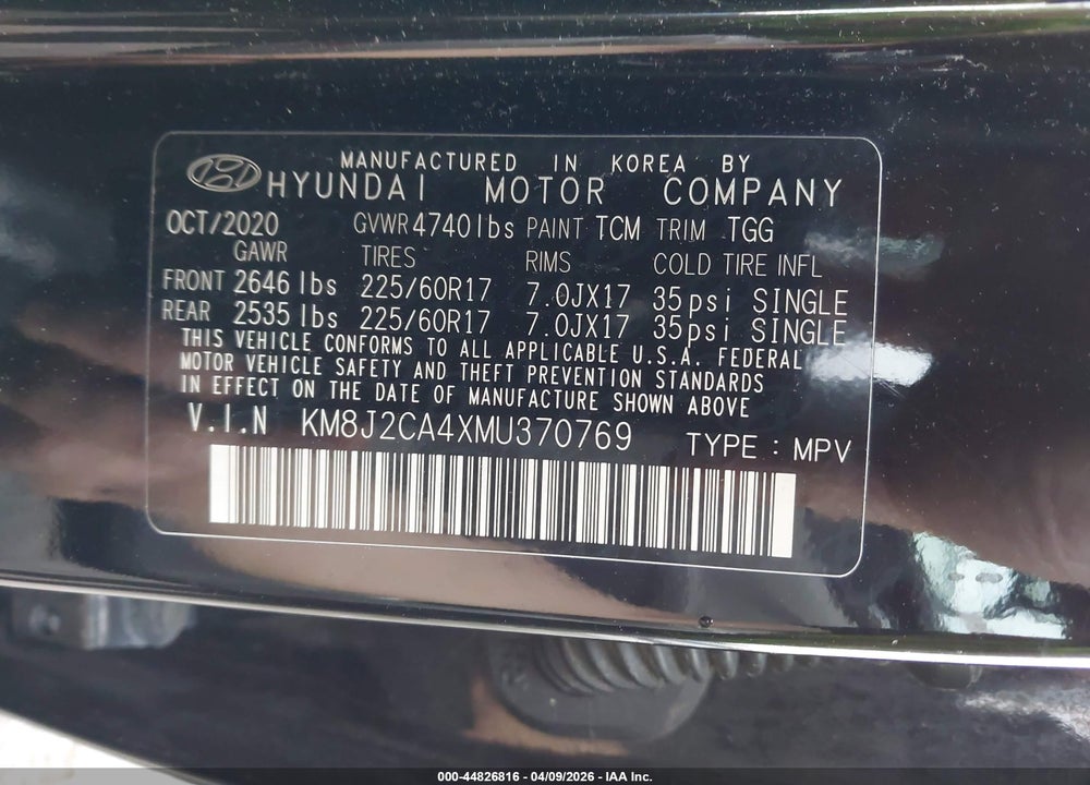 2021 HYUNDAI TUCSON SE VIN: KM8J2CA4XMU370769