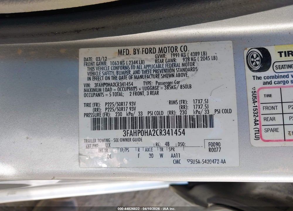 2012 FORD FUSION SE VIN: 3FAHP0HA2CR341454