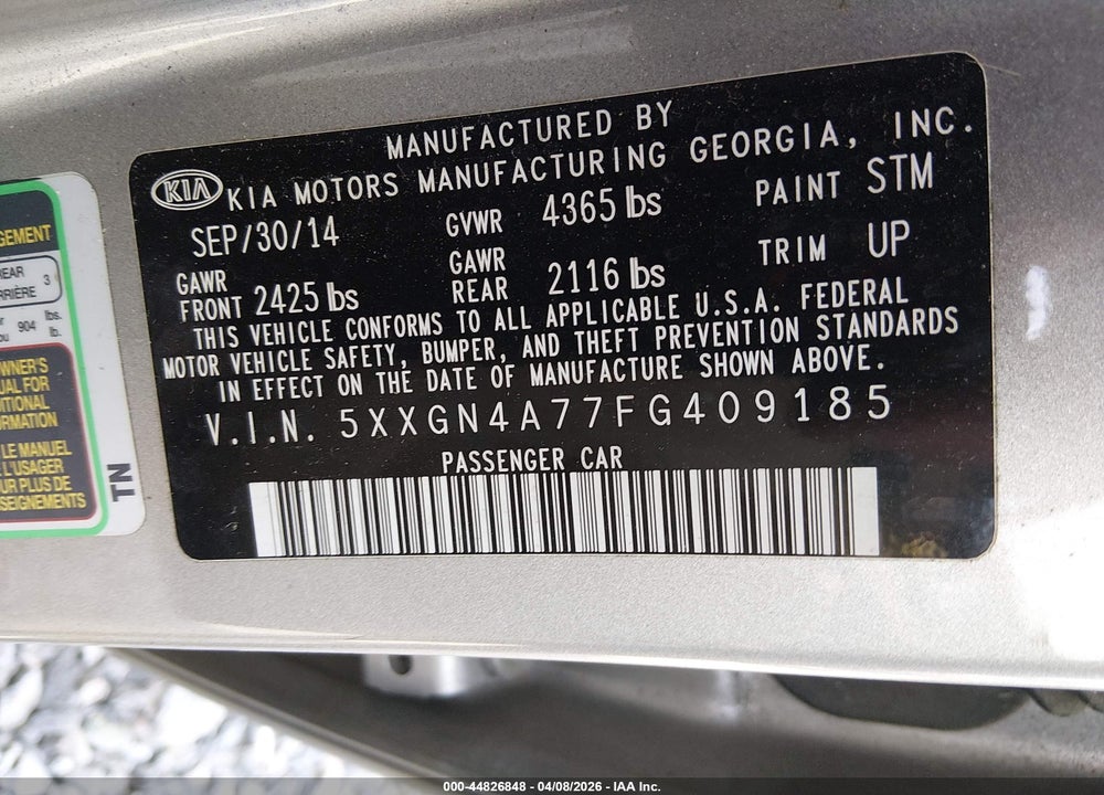 2015 KIA OPTIMA EX VIN: 5XXGN4A77FG409185