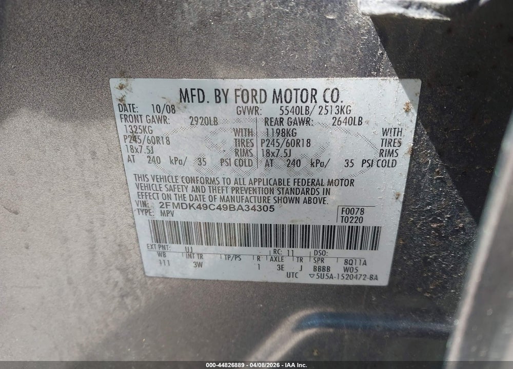 2009 FORD EDGE LIMITED VIN: 2FMDK49C49BA34305