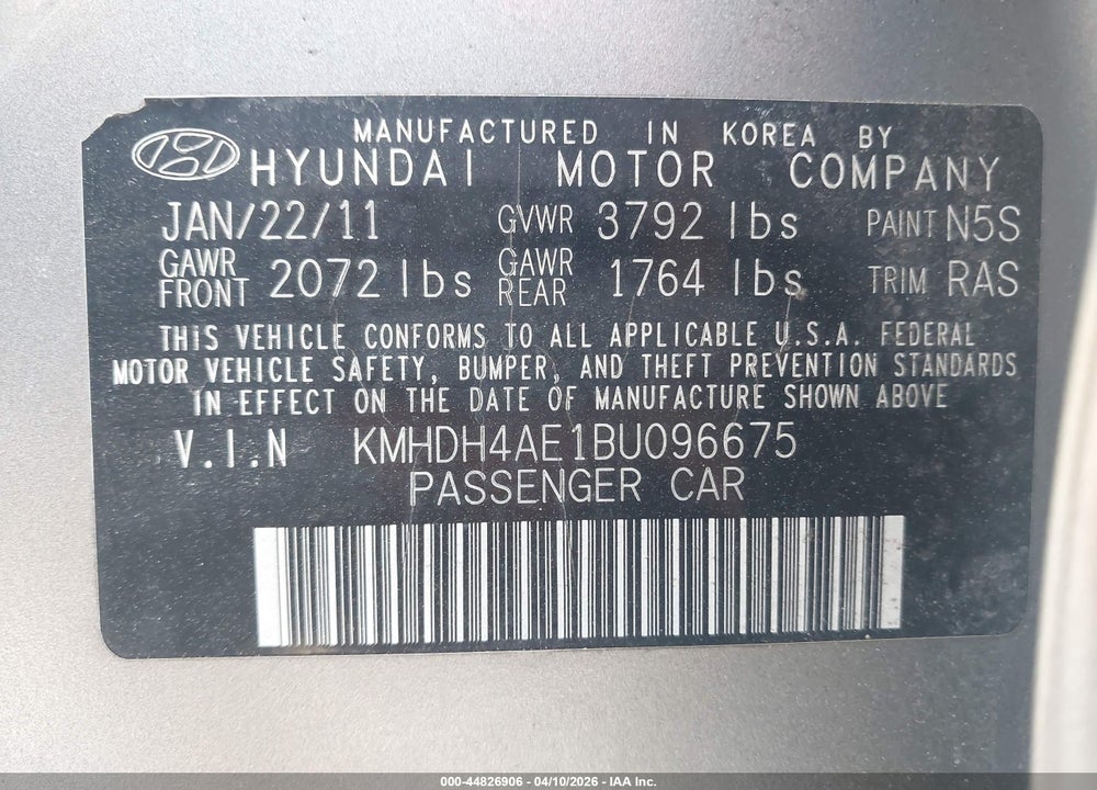 2011 HYUNDAI ELANTRA GLS (ULSAN PLANT) VIN: KMHDH4AE1BU096675