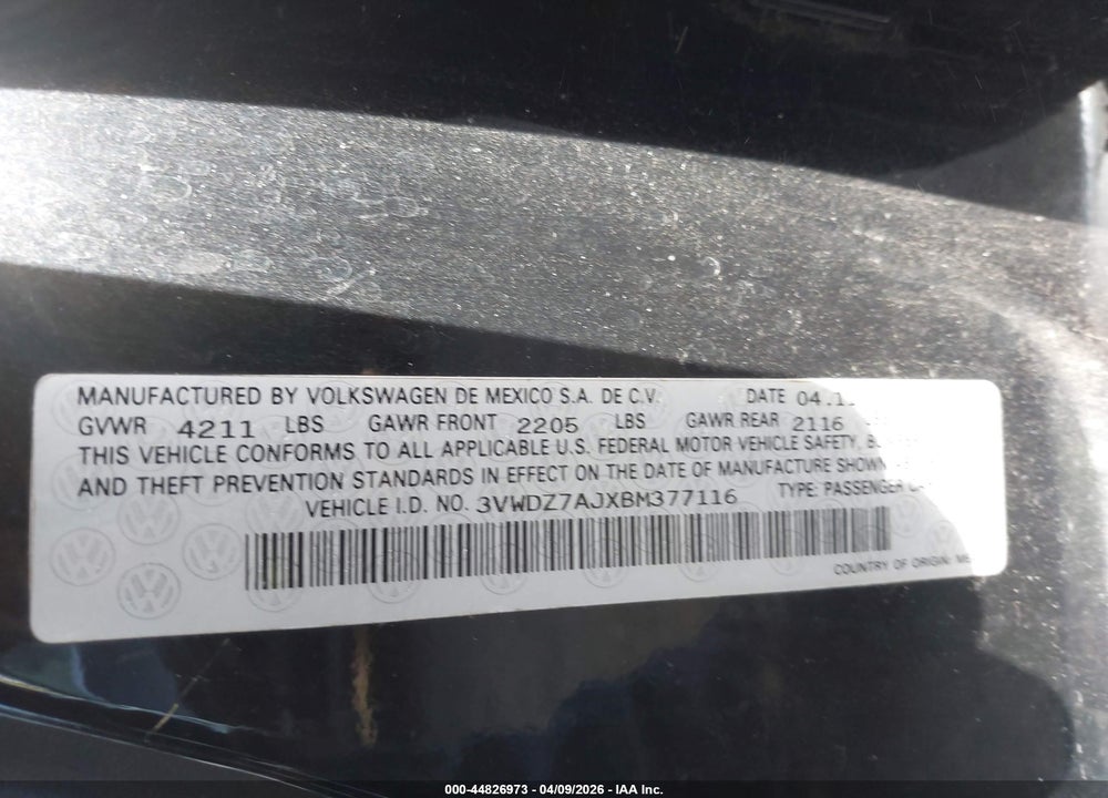 2011 VOLKSWAGEN JETTA 2.5L SE VIN: 3VWDZ7AJXBM377116