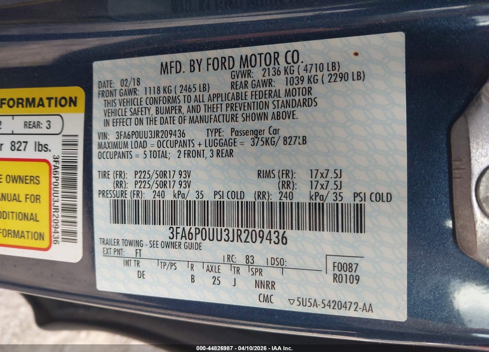 2018 FORD FUSION HYBRID S VIN: 3FA6P0UU3JR209436