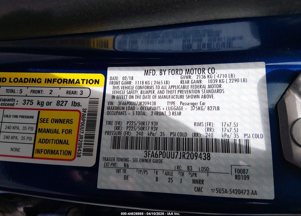2018 FORD FUSION HYBRID S VIN: 3FA6P0UU7JR209438
