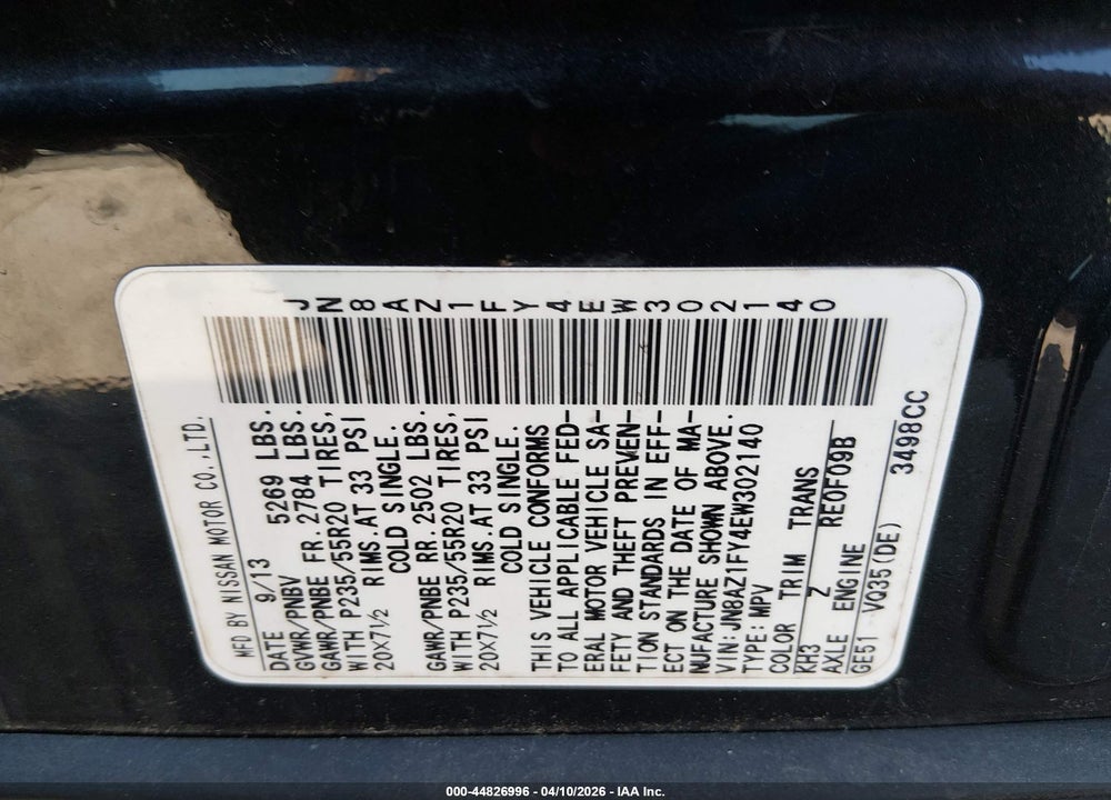 2014 NISSAN MURANO CROSSCABRIOLET VIN: JN8AZ1FY4EW302140