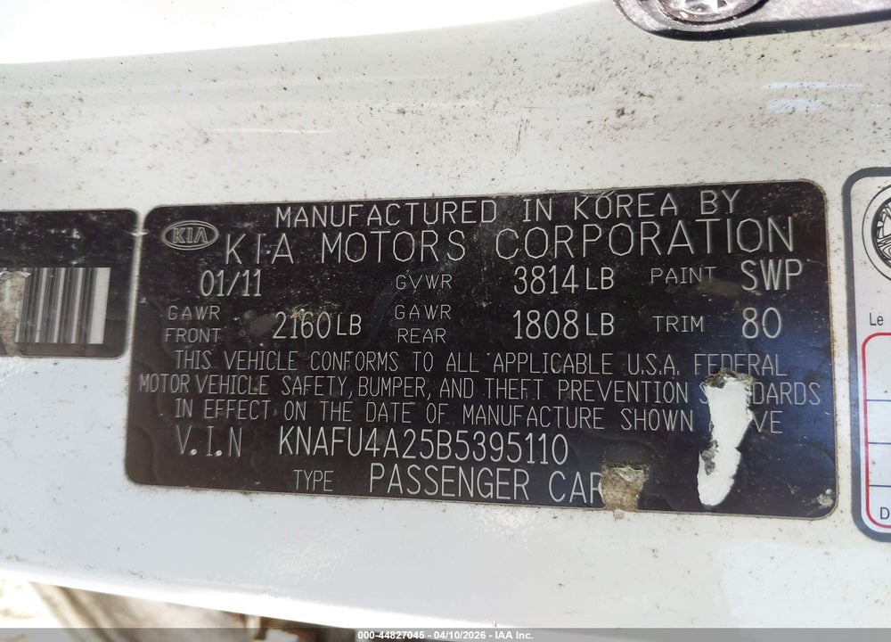 2011 KIA FORTE EX VIN: KNAFU4A25B5395110