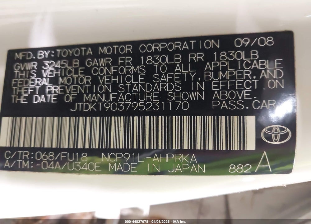 2009 TOYOTA YARIS VIN: JTDKT903795231170