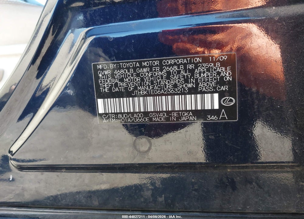 2010 LEXUS ES 350 VIN: JTHBK1EG6A2363213