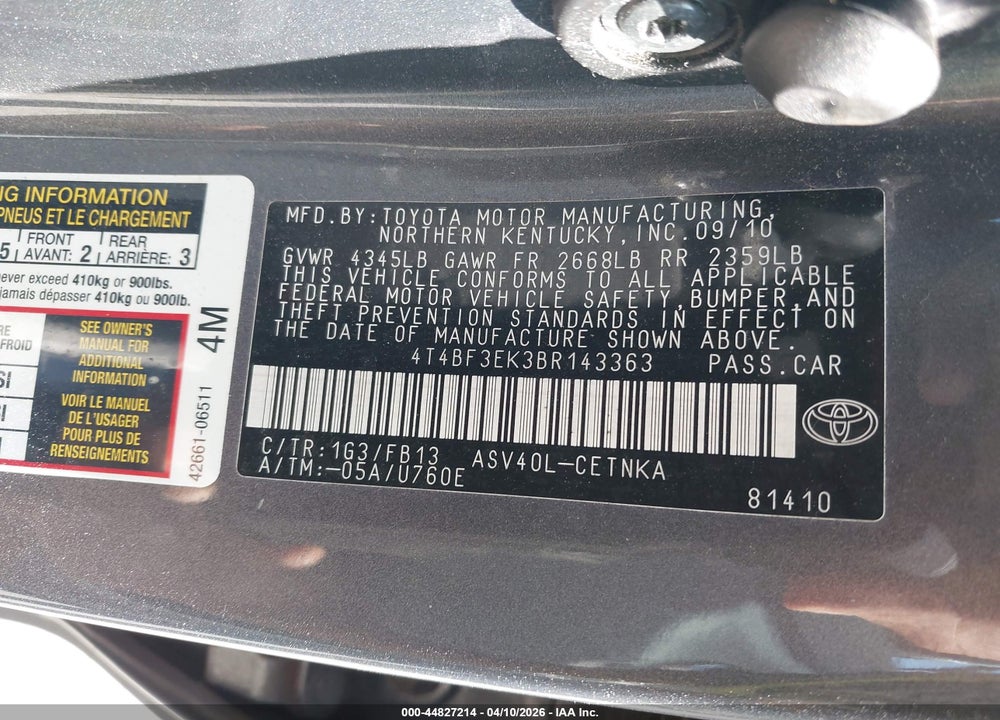 2011 TOYOTA CAMRY LE VIN: 4T4BF3EK3BR143363