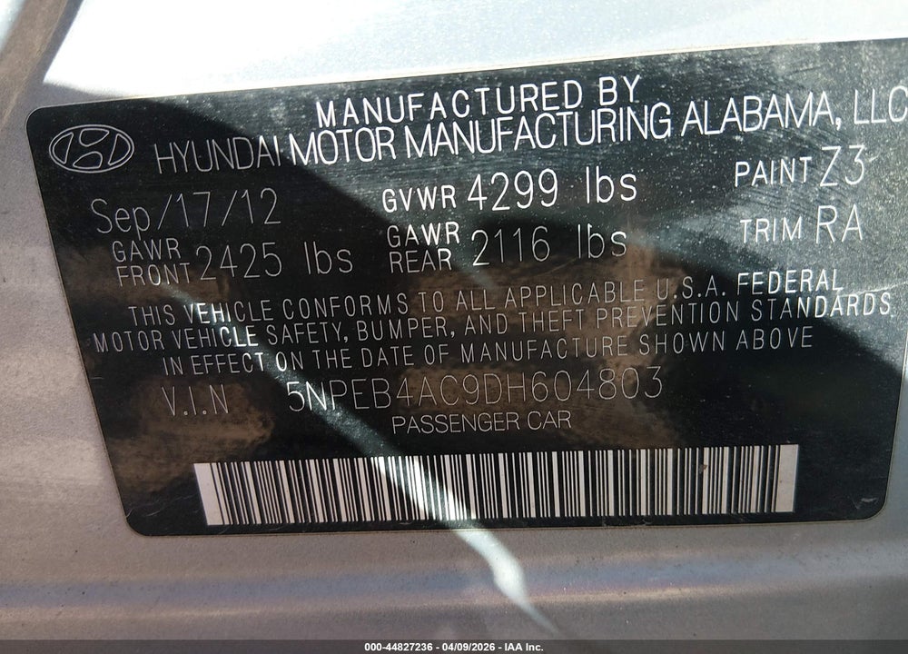 2013 HYUNDAI SONATA GLS VIN: 5NPEB4AC9DH604803