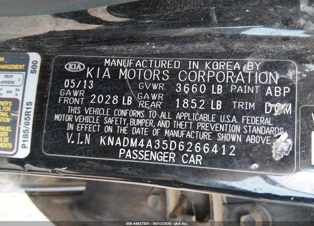 2013 KIA RIO LX VIN: KNADM4A35D6266412