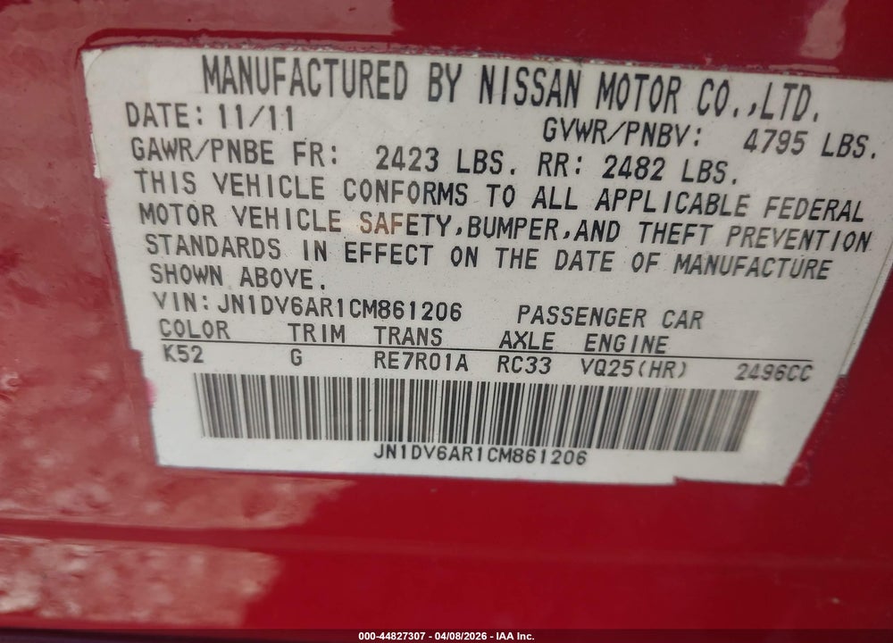 2012 INFINITI G25X VIN: JN1DV6AR1CM861206