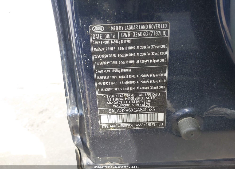 2016 LAND ROVER LR4 VIN: SALAG2V6XGA845525