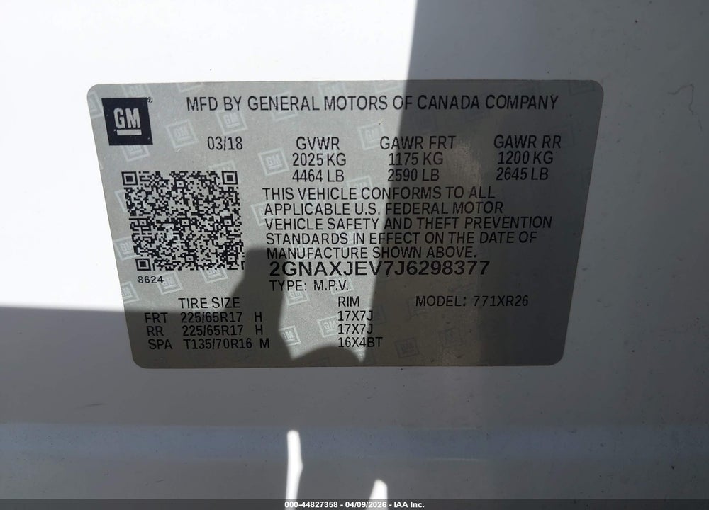 2018 CHEVROLET EQUINOX LT VIN: 2GNAXJEV7J6298377