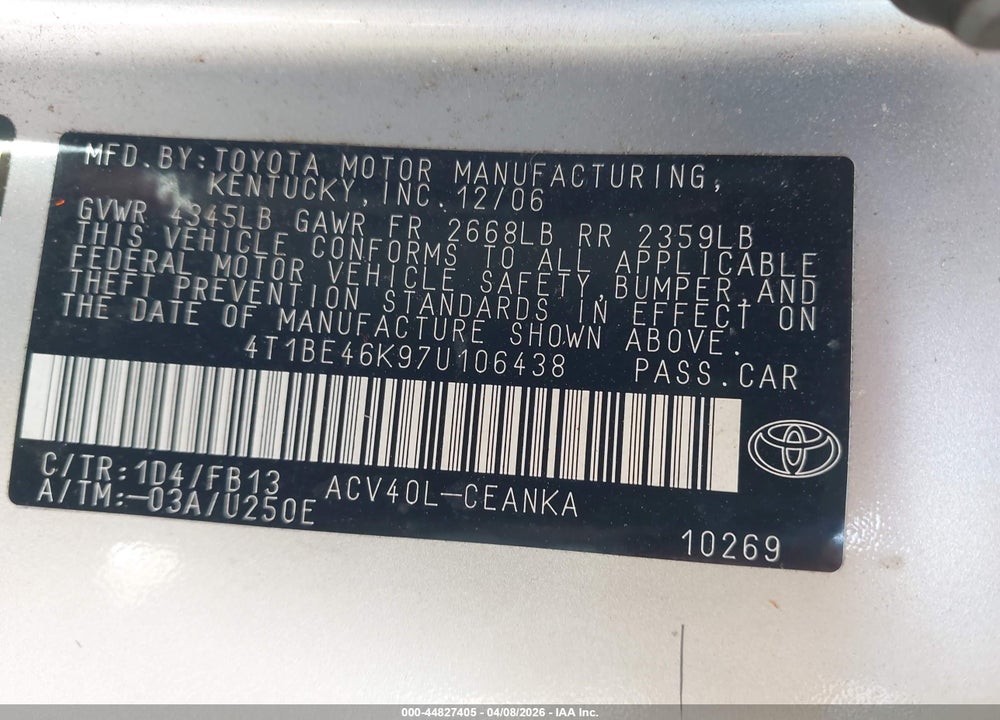 2007 TOYOTA CAMRY LE VIN: 4T1BE46K97U106438