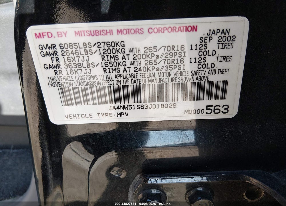 2003 MITSUBISHI MONTERO 20TH ANNIVERSARY/LIMITED VIN: JA4NW51S83J018028