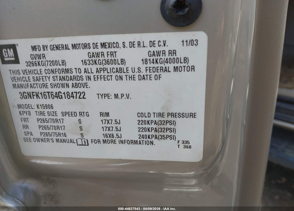 2004 CHEVROLET SUBURBAN 1500 LS VIN: 3GNFK16T64G184722