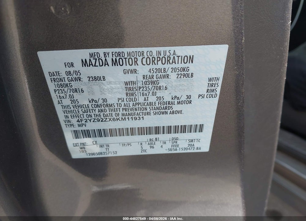 2006 MAZDA TRIBUTE I VIN: 4F2YZ92ZX6KM11931
