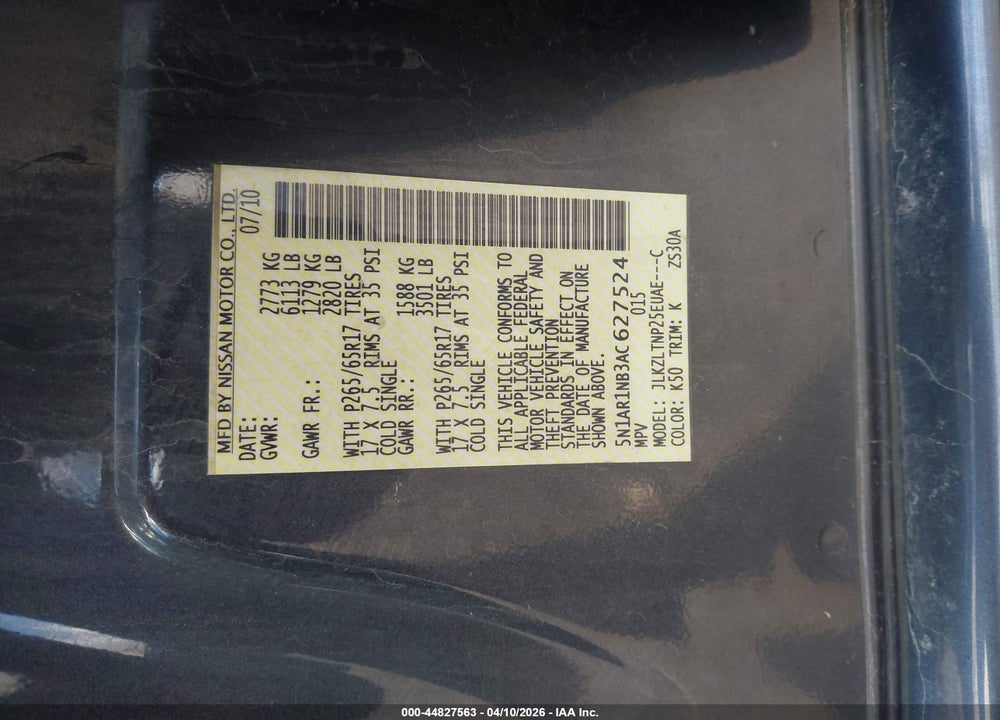 2010 NISSAN PATHFINDER SE VIN: 5N1AR1NB3AC627524