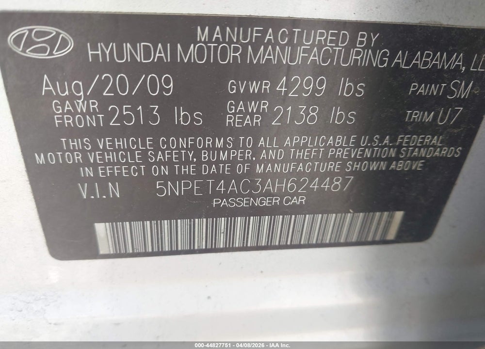 2010 HYUNDAI SONATA GLS VIN: 5NPET4AC3AH624487