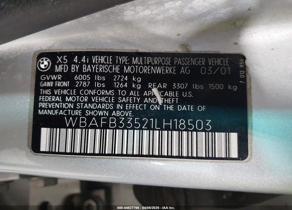 2001 BMW X5 4.4 VIN: WBAFB33521LH18503