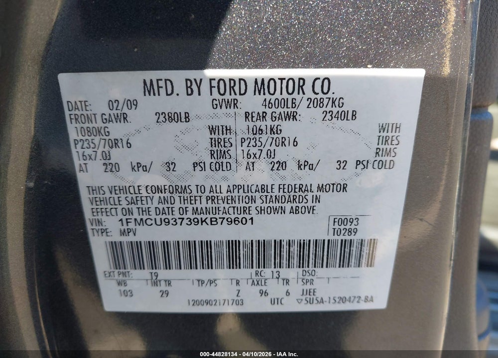 2009 FORD ESCAPE XLT VIN: 1FMCU93739KB79601