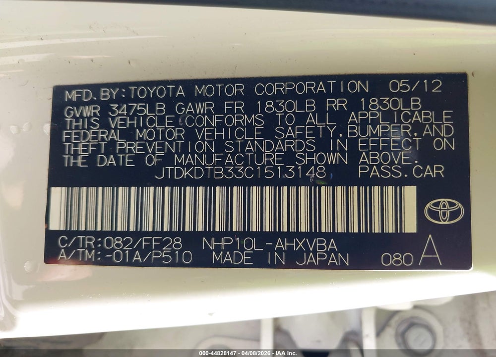 2012 TOYOTA PRIUS C TWO VIN: JTDKDTB33C1513148