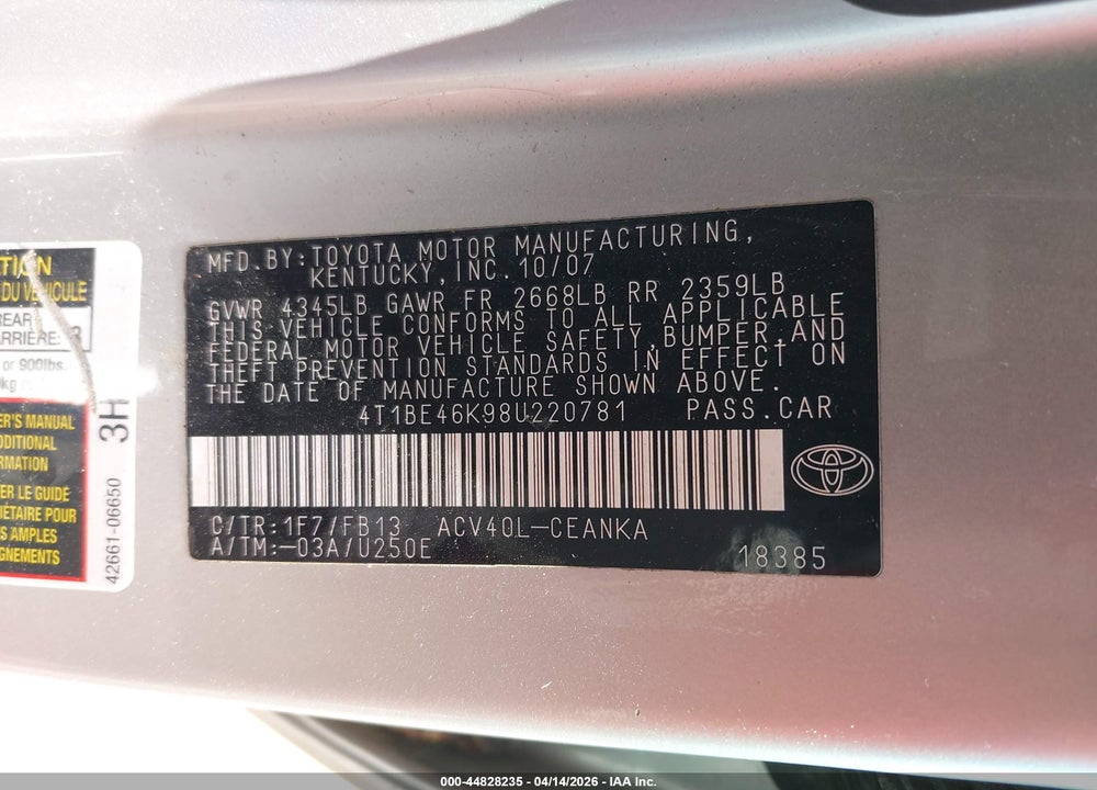 2008 TOYOTA CAMRY LE VIN: 4T1BE46K98U220781