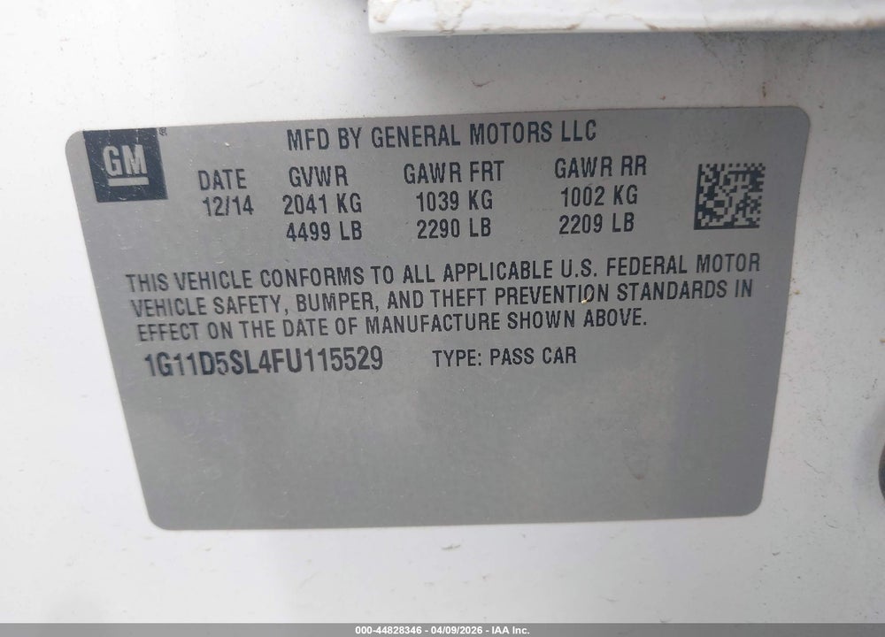 2015 CHEVROLET MALIBU 2LT VIN: 1G11D5SL4FU115529