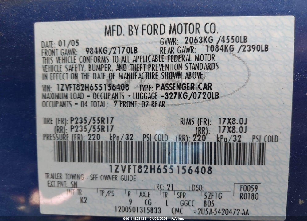2005 FORD MUSTANG GT DELUXE/GT PREMIUM VIN: 1ZVFT82H655156408