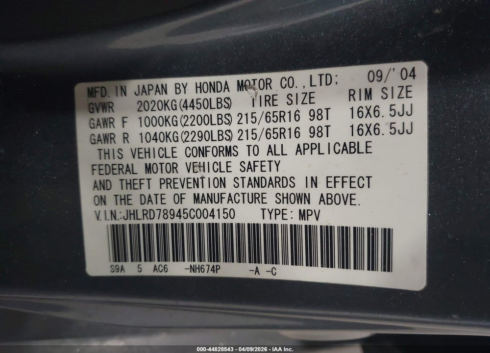 2005 HONDA CR-V SE VIN: JHLRD78945C004150
