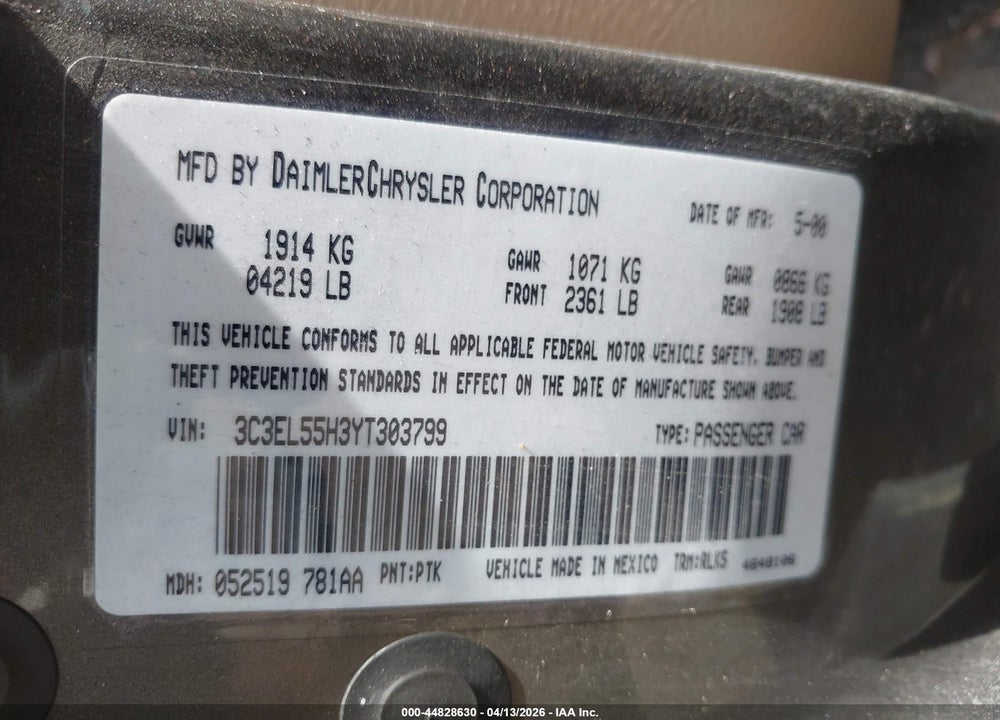 2000 CHRYSLER SEBRING JXI VIN: 3C3EL55H3YT303799