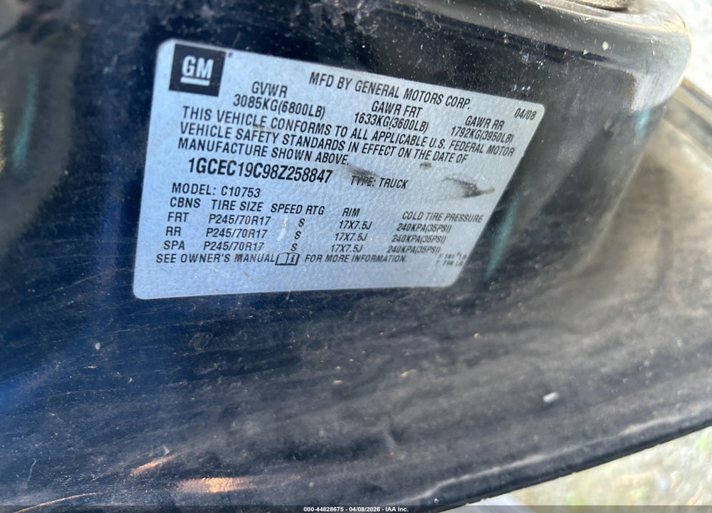 2008 CHEVROLET SILVERADO 1500 WORK TRUCK VIN: 1GCEC19C98Z258847